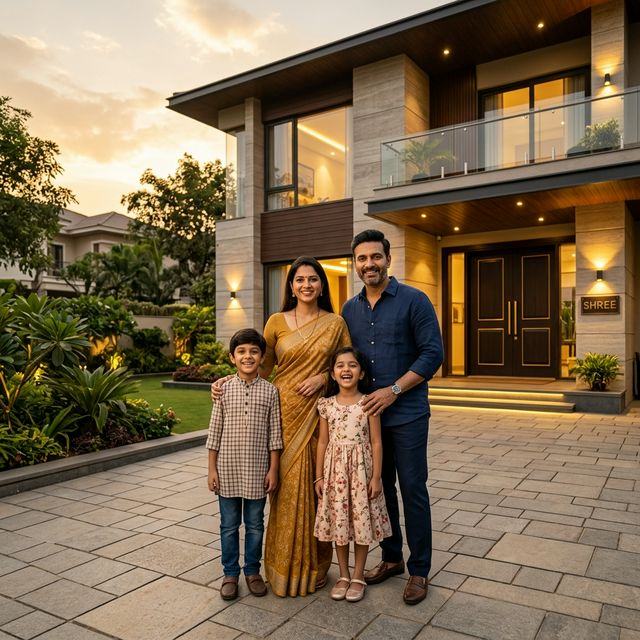 Happy family in front of their new home — Credify Now Home Loan
